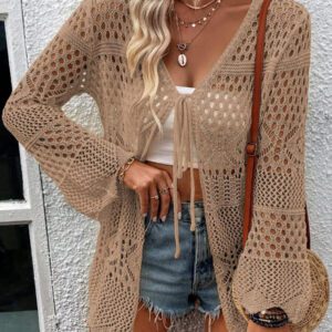 Breezaya Kimono couvrant col en V transparent à manches longues avec nœud, couleur unie