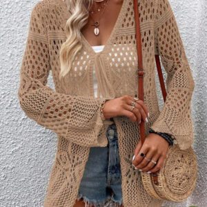Breezaya Kimono couvrant col en V transparent à manches longues avec nœud, couleur unie