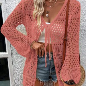 Breezaya Kimono couvrant col en V transparent à manches longues avec nœud, couleur unie
