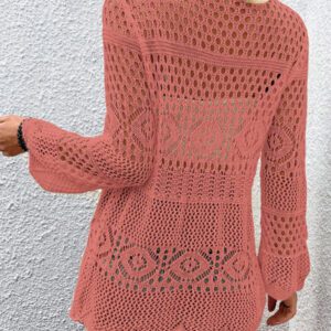 Breezaya Kimono couvrant col en V transparent à manches longues avec nœud, couleur unie