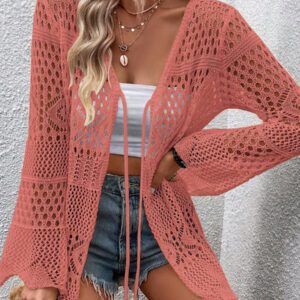 Breezaya Kimono couvrant col en V transparent à manches longues avec nœud, couleur unie
