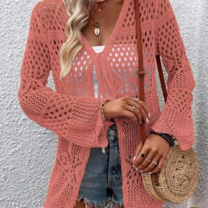 Breezaya Kimono couvrant col en V transparent à manches longues avec nœud, couleur unie