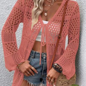 Breezaya Kimono couvrant col en V transparent à manches longues avec nœud, couleur unie