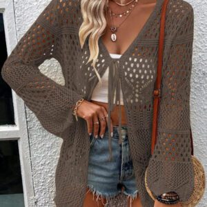 Breezaya Kimono couvrant col en V transparent à manches longues avec nœud, couleur unie