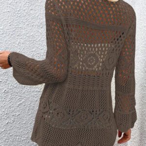 Breezaya Kimono couvrant col en V transparent à manches longues avec nœud, couleur unie