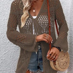 Breezaya Kimono couvrant col en V transparent à manches longues avec nœud, couleur unie