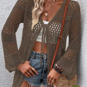 Breezaya Kimono couvrant col en V transparent à manches longues avec nœud, couleur unie