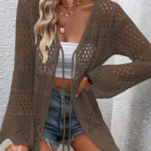 Breezaya Kimono couvrant col en V transparent à manches longues avec nœud, couleur unie