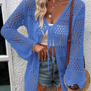 Breezaya Kimono couvrant col en V transparent à manches longues avec nœud, couleur unie