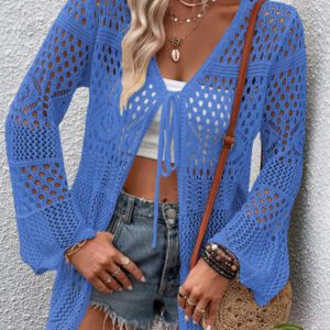 Breezaya Kimono couvrant col en V transparent à manches longues avec nœud, couleur unie