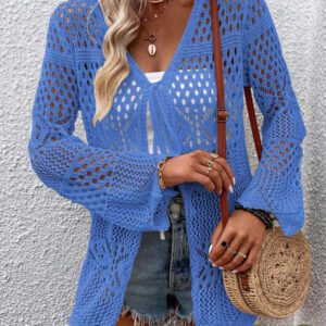 Breezaya Kimono couvrant col en V transparent à manches longues avec nœud, couleur unie