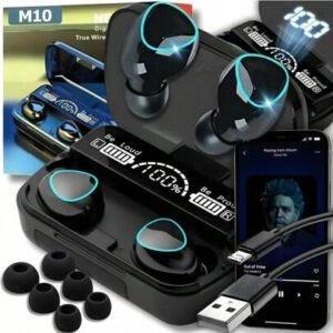 M10 V5.3 – Le plus récent casque numérique Truewireless, écouteurs sans fil avec étui de chargement sans fil Bluetooth, son 9D Premium Deep Bass Sports étanche IPX7 avec micro, temps de lecture de 5 heures, fonctionne comme Powerbank pour charger n'importe quel appareil.