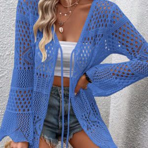 Breezaya Kimono couvrant col en V transparent à manches longues avec nœud, couleur unie