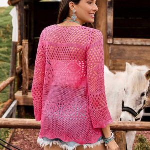 Breezaya Kimono couvrant col en V transparent à manches longues avec nœud, couleur unie