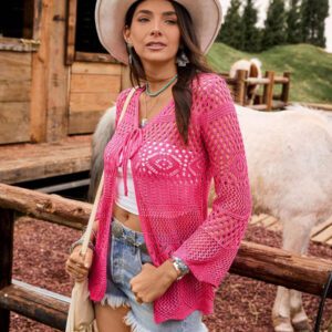 Breezaya Kimono couvrant col en V transparent à manches longues avec nœud, couleur unie