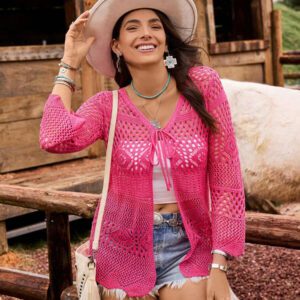 Breezaya Kimono couvrant col en V transparent à manches longues avec nœud, couleur unie