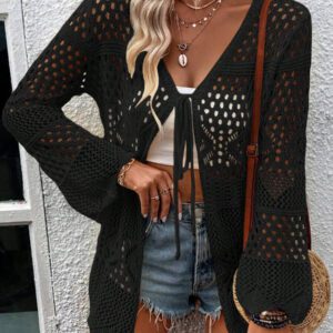 Breezaya Kimono couvrant col en V transparent à manches longues avec nœud, couleur unie