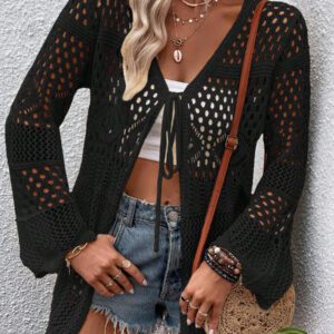 Breezaya Kimono couvrant col en V transparent à manches longues avec nœud, couleur unie