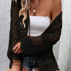 Breezaya Kimono couvrant col en V transparent à manches longues avec nœud, couleur unie