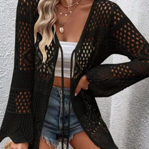 Breezaya Kimono couvrant col en V transparent à manches longues avec nœud, couleur unie