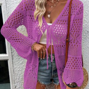 Breezaya Kimono couvrant col en V transparent à manches longues avec nœud, couleur unie