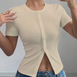 Gloray Crop top t-shirt femme à col rond ajusté, couleur unie avec boutons décoratifs