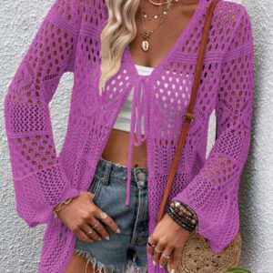Breezaya Kimono couvrant col en V transparent à manches longues avec nœud, couleur unie