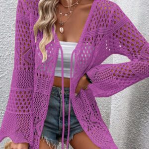 Breezaya Kimono couvrant col en V transparent à manches longues avec nœud, couleur unie