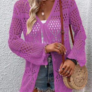 Breezaya Kimono couvrant col en V transparent à manches longues avec nœud, couleur unie