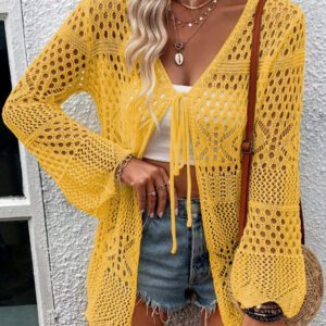 Breezaya Kimono couvrant col en V transparent à manches longues avec nœud, couleur unie