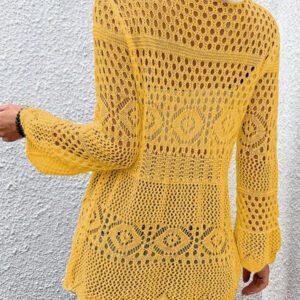 Breezaya Kimono couvrant col en V transparent à manches longues avec nœud, couleur unie