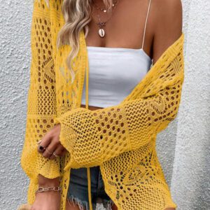Breezaya Kimono couvrant col en V transparent à manches longues avec nœud, couleur unie