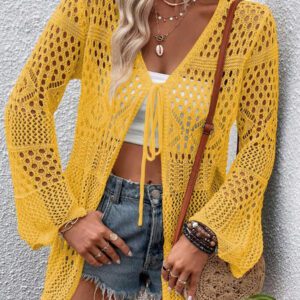 Breezaya Kimono couvrant col en V transparent à manches longues avec nœud, couleur unie