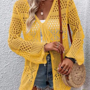 Breezaya Kimono couvrant col en V transparent à manches longues avec nœud, couleur unie