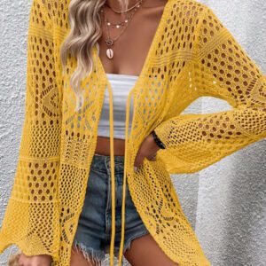 Breezaya Kimono couvrant col en V transparent à manches longues avec nœud, couleur unie