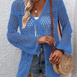Breezaya Kimono couvrant col en V transparent à manches longues avec nœud, couleur unie