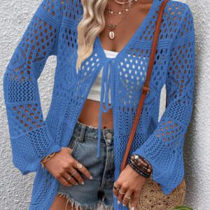 Breezaya Kimono couvrant col en V transparent à manches longues avec nœud, couleur unie