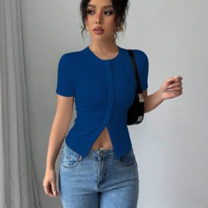 Gloray Crop top t-shirt femme à col rond ajusté, couleur unie avec boutons décoratifs