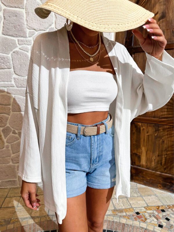 Femme Couleur Unie Épaule Tombante Manches Longues Kimono Ample, Pour Vacances – Image 2
