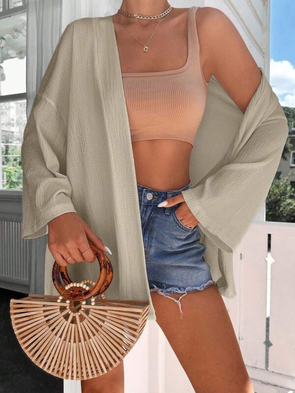 Femme Couleur Unie Épaule Tombante Manches Longues Kimono Ample, Pour Vacances – Image 19
