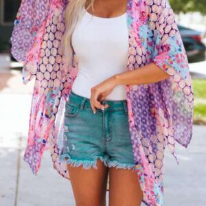 Acelitt Femmes d'été Style boho Kimono décontracté ample avec impression de pois, manches chauve-souris, idéal pour les voyages et la plage