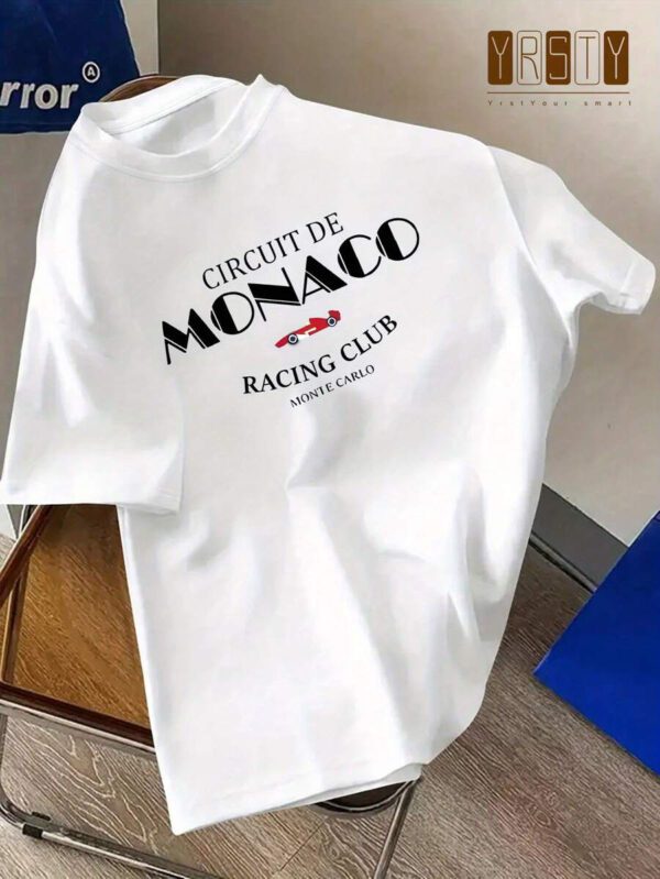 Manfinity Dauomo T-shirt graphique pour Hommes, Club de course de Monaco pour Aventure en Plein Air, Manches Courtes Casual Col Rond, Imprimé Circuit de Monaco, Mélange de Polyester Blanc, Adapté pour le Portage en Extérieur – Image 2
