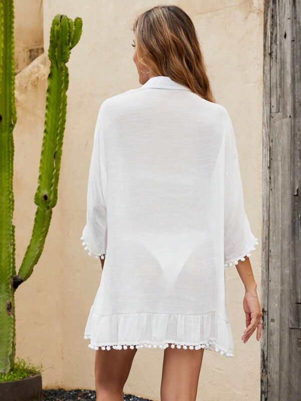 SHEIN Swim Kimono À Pompon Manches Chauve-Souris À Volants À Bouton – Image 3