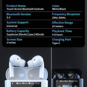 HITOZON Écouteurs sans fil HITOZON avec boîtier de charge à écran tactile, écouteurs stéréo avec microphone intégré, casque intra-auriculaire avec réduction de bruit pour smartphones, ordinateurs, ordinateurs portables, sport