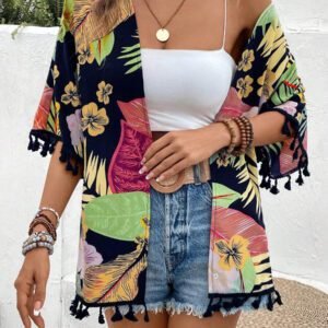 Swim Vcay Kimono Imprimé Tropical À Franges