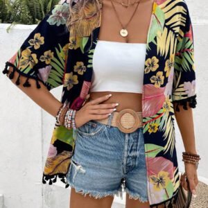 Swim Vcay Kimono Imprimé Tropical À Franges