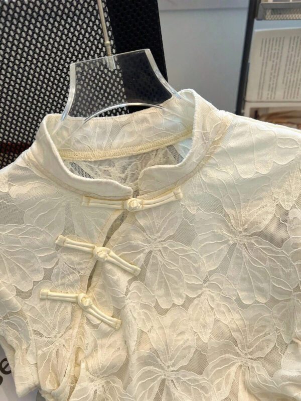 Franclia T-shirt femme à manches courtes avec cordon de serrage, style chinois minimaliste, couleur unie – Image 7