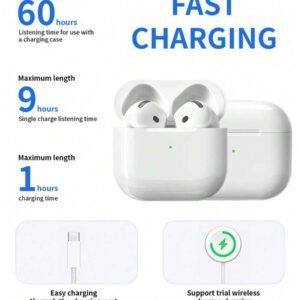 Écouteurs sans fil Pods (4e génération), casque Bluetooth, audio spatial personnalisé, résistant à la transpiration et à l'eau, étui de chargement Lightning inclus, jusqu'à 30 heures d'autonomie