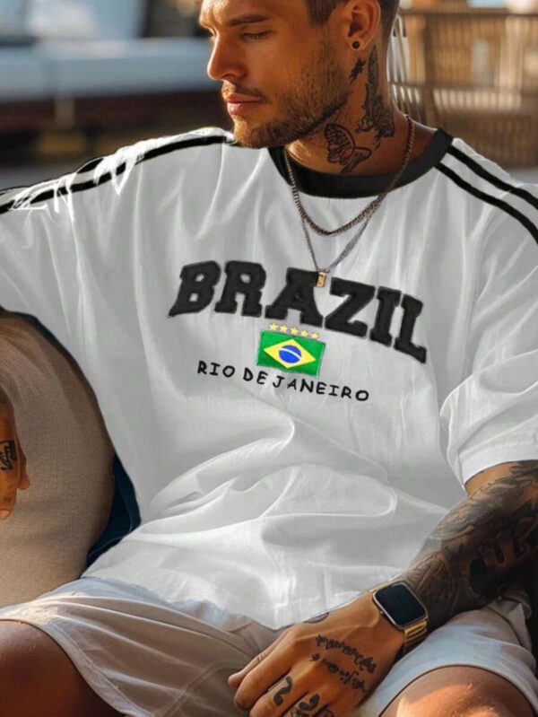 T-shirt casual à manches courtes, de couleur unie et rayé, avec un graphique du drapeau du Brésil à la mode, pour homme. Printemps/Été 2025 – Image 5