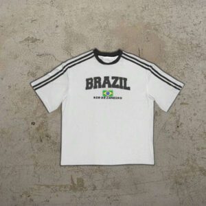 T-shirt casual à manches courtes, de couleur unie et rayé, avec un graphique du drapeau du Brésil à la mode, pour homme. Printemps/Été 2025